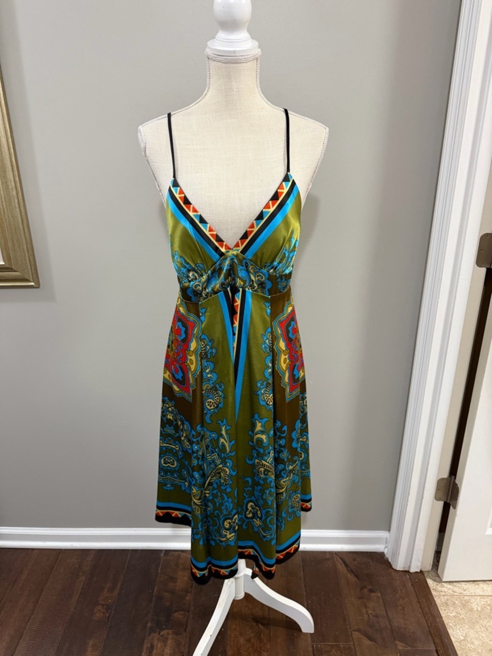 Rubber Ducky Productions, Inc. Olive Green Printed Spaghetti Strap Midi Dress